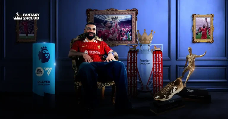 محمد صلاح يجلس على عرش كروي مرتدياً قميص ليفربول، محاطًا بجوائز الدوري الإنجليزي الممتاز مثل الكأس، الحذاء الذهبي، مع صور له في الخلفية توثق لحظات تتويج وانتصارات.