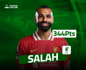 محمد صلاح من نادي ليفربول يرتدي قميص الفريق الأحمر، ويظهر اسمه وشعار النادي. الرقم 344 Pts مكتوب على الصورة، مما يشير إلى عدد النقاط التي حققها في الدوري الإنجليزي خلال الموسم ضمن لعبة فانتازي