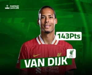 فيرجيل فان دايك من ليفربول يرتدي قميص الفريق الأحمر، مع 143 Pts ضمن لعبة فانتازي.
