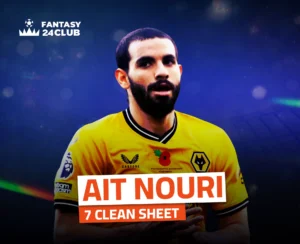 صورة مقربة للاعب كرة قدم، يرتدي قميصًا أصفر مع شعار الذئب الأيقوني وشارة خشخاش حمراء. اسمه "AIT NOURI" مكتوب بخط كبير مع "7 CLEAN SHEET" أسفله.