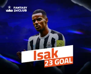 صورة مقربة لألكسندر إيزاك بقميص نيوكاسل، مع إبراز "Isak 23 GOAL" وشعار "FANTASY 24 CLUB".