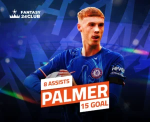 صورة لكول بالمر، لاعب تشيلسي، يرتدي زي فريقه الأزرق، مع إحصائياته: 8 تمريرات حاسمة و15 هدفًا، في أوسكار فانتازي.