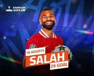 محمد صلاح يبتسم في في صورة من اوسكار فانتزي Fantasy 24 Club، مرتدياً زي ليفربول الأحمر ويحمل كرة القدم، مع إحصائيات بارزة: 18 تمريرة حاسمة و29 هدفًا
