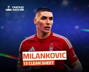 صورة للاعب كرة قدم يرتدي قميصًا أحمر مع شعار "FOREST" في المنتصف، وشعارات رعاية أخرى. اسمه "MILANKOVIC" مكتوب بخط كبير أسفله "13 CLEAN SHEET