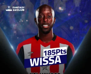 "صورة للاعب كرة القدم يوان ويسا بقميص مخطط باللونين الأحمر والأبيض، ضمن تصميم لـ 'Fantasy 24Club' يسلط الضوء على حصوله على 185 نقطة. مناسبة لمحتوى كرة القدم الخيالية، إحصائيات اللاعبين، والدوري الإنجليزي الممتاز."