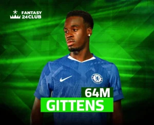 جيمي باينو-جيتنز، يرتدي قميص تشيلسي الأزرق، يظهر فيها مبلغ "64M" واسم "GITTENS" مما يدل على قيمة انتقاله