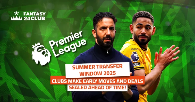 Premier League logo with 'VS', coach Rúben Amorim left, player Matheus Cunha right, Fantasy 24 Club, summer transfer deals.