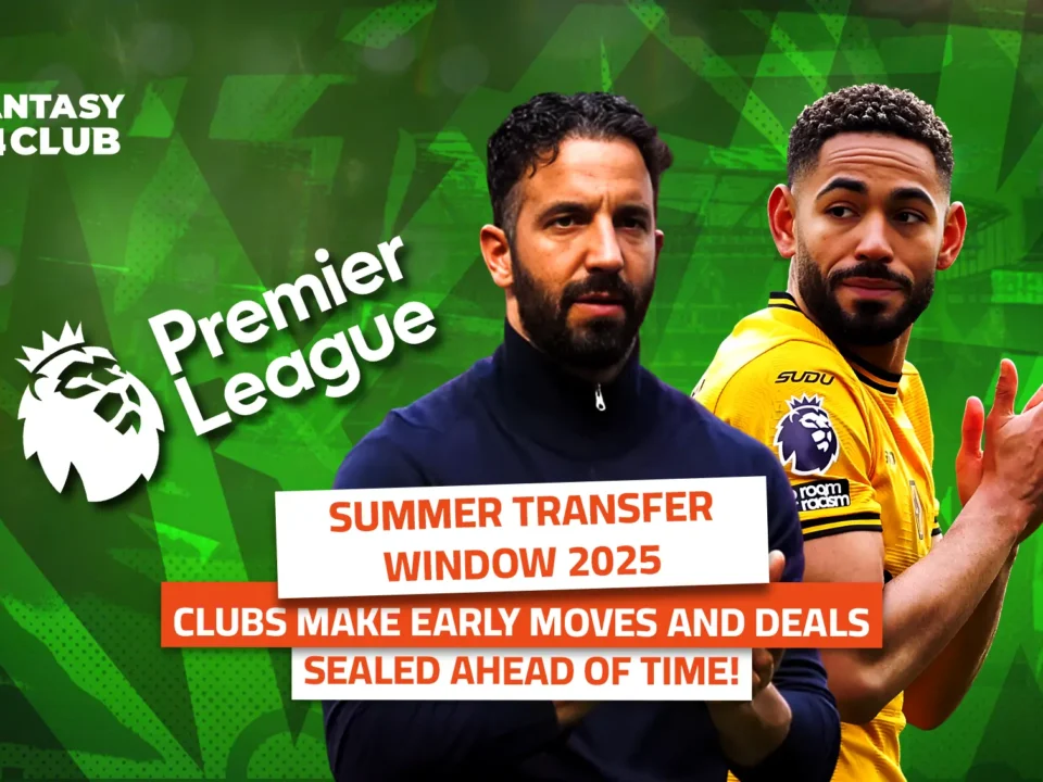 Premier League logo with 'VS', coach Rúben Amorim left, player Matheus Cunha right, Fantasy 24 Club, summer transfer deals.