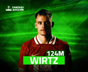 صورة للاعب فلوريان فيرتز بقميص ليفربول، يظهر فيها مبلغ "124M" واسم "WIRTZ"، مما يدل على قيمة انتقاله