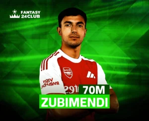 مارتن زوبيمندي، يرتدي قميص آرسنال الأحمر والأبيض. يظهر في الصورة مبلغ "70M" واسم "ZUBIMENDI" بخط كبير وبارز، مما يدل على قيمة انتقاله