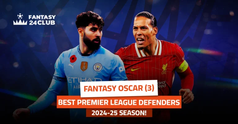 Close-up of two footballers facing off: one in Manchester City, one in Liverpool. Text: 'Oscar Fantasy (3) – Top EPL Defenders 2024-25