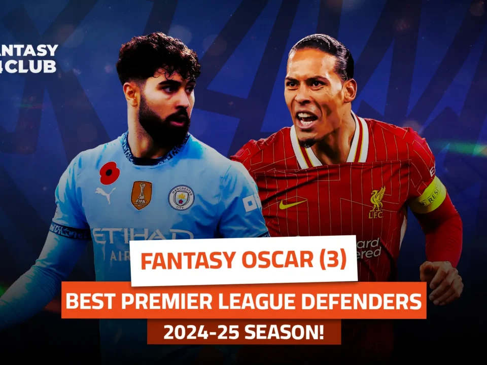 Close-up of two footballers facing off: one in Manchester City, one in Liverpool. Text: 'Oscar Fantasy (3) – Top EPL Defenders 2024-25
