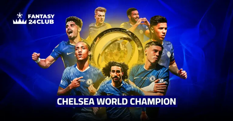Graphic design featuring Chelsea FC logo and the FIFA Club World Cup 2025 trophy, with Chelsea players celebrating their victory