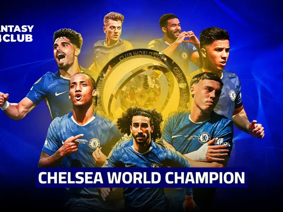Graphic design featuring Chelsea FC logo and the FIFA Club World Cup 2025 trophy, with Chelsea players celebrating their victory