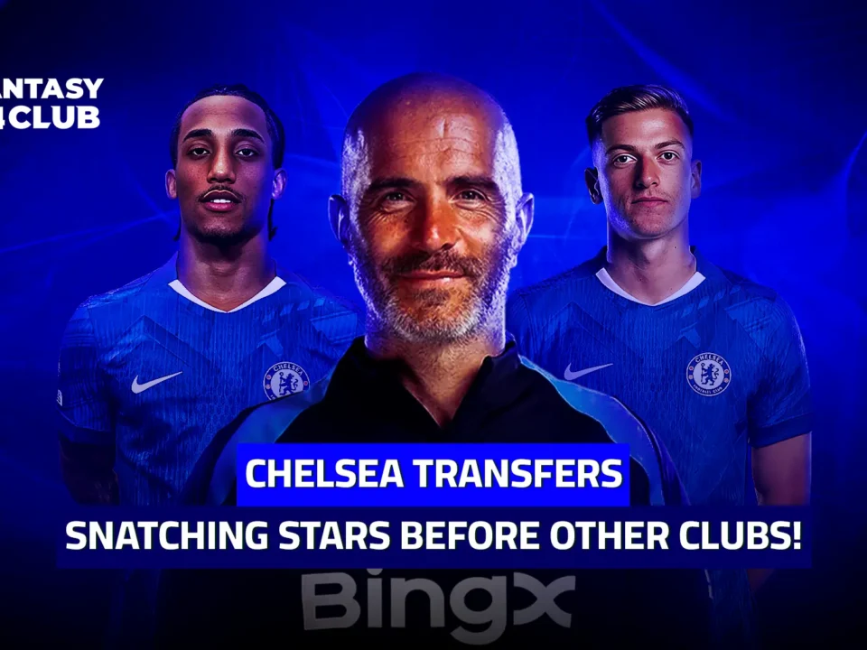 Chelsea transfer market: coach Enzo Maresca with new signings, symbolizing the club snapping up transfer targets ahead of rivals