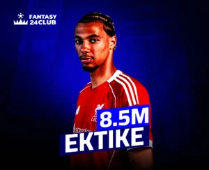 صورة للاعب كرة قدم اسمه إيكتيكي، يرتدي قميص ليفربول الأحمر. يظهر في الصورة نص "8.5M" و"EKTIKE" وشعار "FANTASY 24 CLUB" على خلفية زرقاء داكنة.