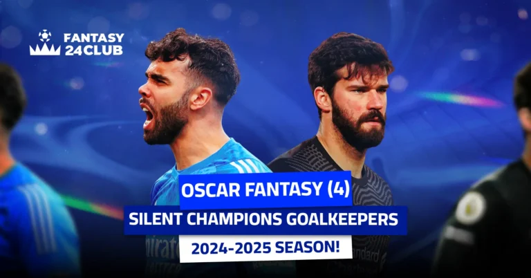 Two goalkeepers: left in blue shouting, right in black serious. Text: 'Oscar Fantary (4)' & 'Silent Heroes 2024-2025'.