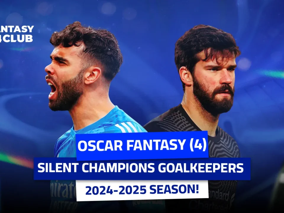 Two goalkeepers: left in blue shouting, right in black serious. Text: 'Oscar Fantary (4)' & 'Silent Heroes 2024-2025'.