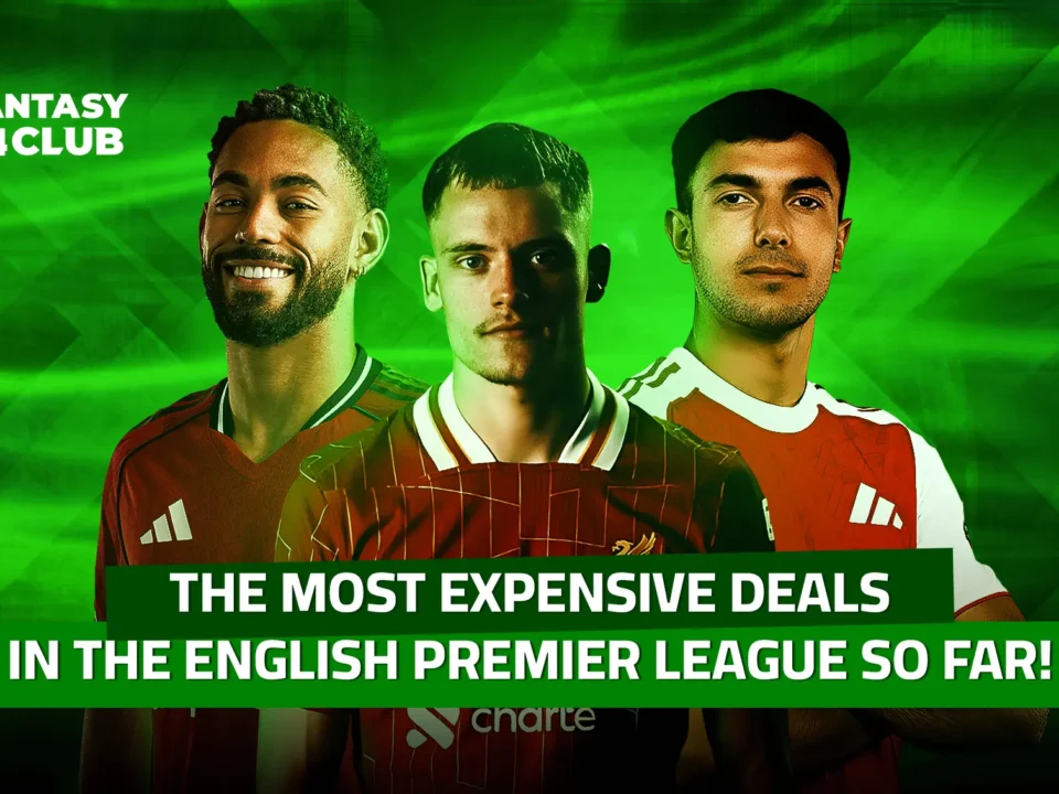 Three footballers in different club kits, Fantasy 24 Club logo top-left, text: 'Most expensive EPL transfers so far!'.
