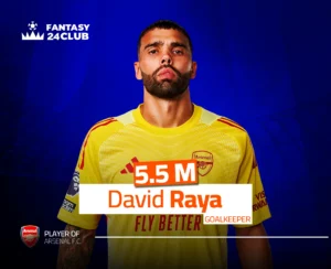 صورة الحارس ديفيد رايا لاعب نادي آرسنال مرتديًا الزي الأصفر الرسمي للفريق، مع سعر 5.5 مليون