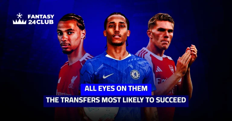 Fantasy 24 Club graphic titled 'All Eyes on Them' featuring three soccer players from Liverpool, Chelsea, and Arsenal on a dark blue background