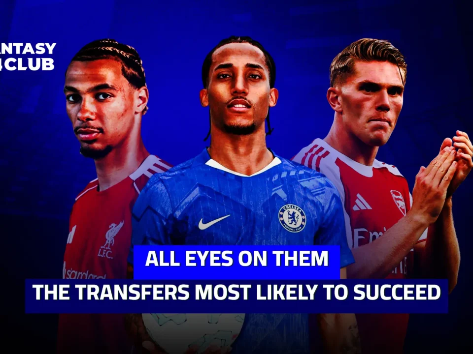 Fantasy 24 Club graphic titled 'All Eyes on Them' featuring three soccer players from Liverpool, Chelsea, and Arsenal on a dark blue background