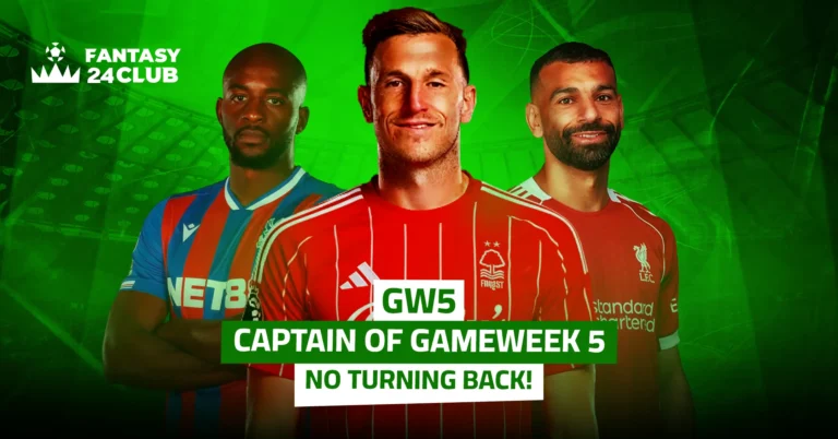 The image recommends captain picks for Gameweek 5 of Fantasy Premier League, featuring Mohamed Salah, Chris Wood, and Jean-Philippe Mateta.