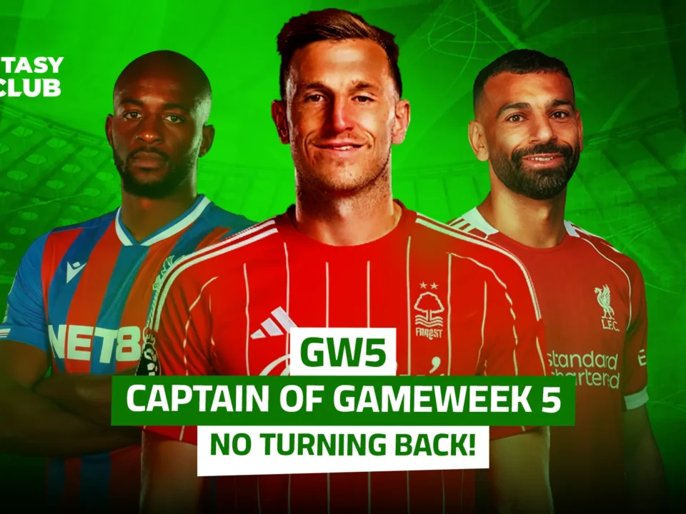 The image recommends captain picks for Gameweek 5 of Fantasy Premier League, featuring Mohamed Salah, Chris Wood, and Jean-Philippe Mateta.