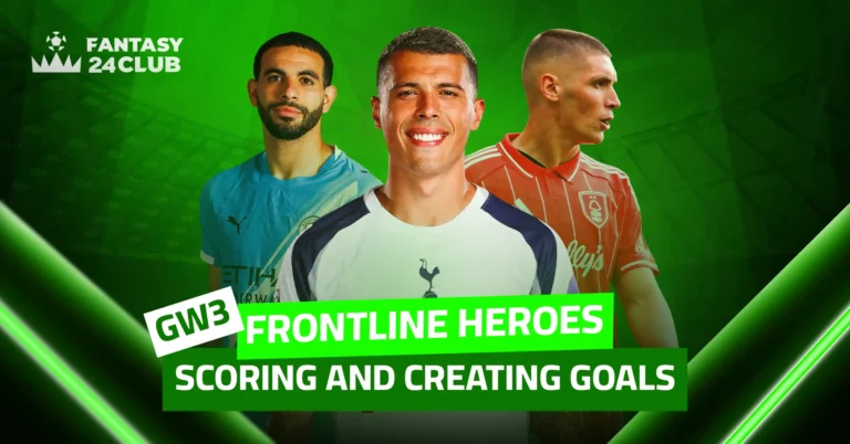 The image shows three football players wearing their club jerseys. The text refers to the best defenders in the third round of the Fantasy game, who score goals and may also provide assists