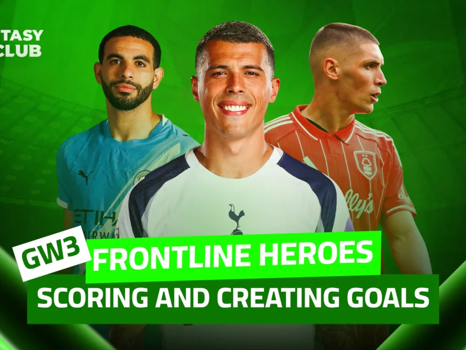 The image shows three football players wearing their club jerseys. The text refers to the best defenders in the third round of the Fantasy game, who score goals and may also provide assists