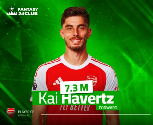 صورة للاعب كاي هافرتز بقميص آرسنال، تظهر اسمه ومركزه "FORWARD" وقيمته "7.3 M" ضمن بياناتفانتزي الدوري الانجليزي