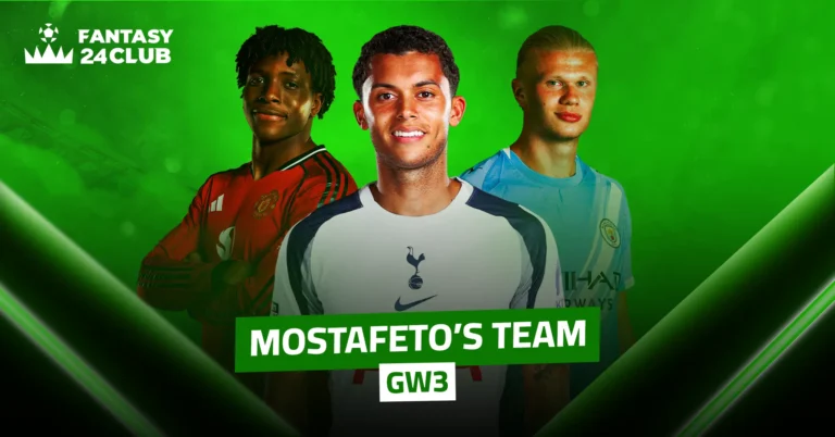 Three players wearing Manchester United, Tottenham, and Manchester City shirts in a green fantasy design, with the FANTASY 24CLUB logo and 'Matchday 3' text.