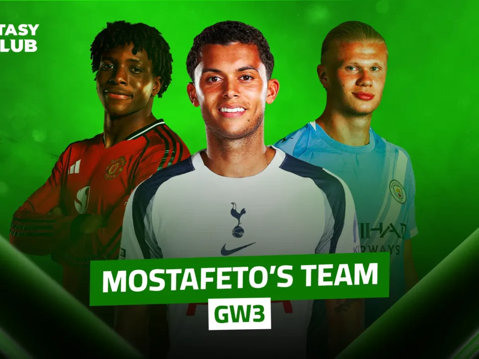 Three players wearing Manchester United, Tottenham, and Manchester City shirts in a green fantasy design, with the FANTASY 24CLUB logo and 'Matchday 3' text.