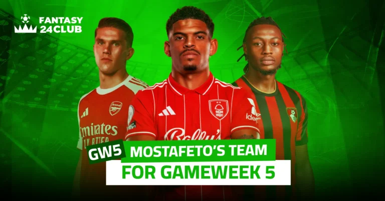 An image of Team "Mostafeto" for Gameweek 5 in Fantasy 24club, featuring three players wearing their club kits: Arsenal, Nottingham Forest, and Bournemouth.