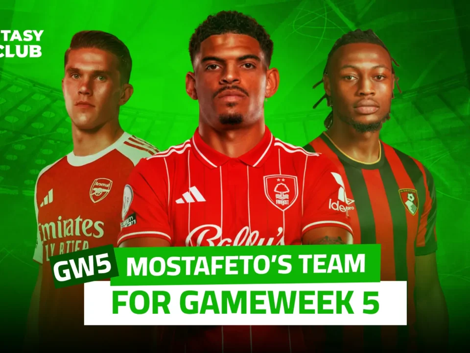 An image of Team "Mostafeto" for Gameweek 5 in Fantasy 24club, featuring three players wearing their club kits: Arsenal, Nottingham Forest, and Bournemouth.