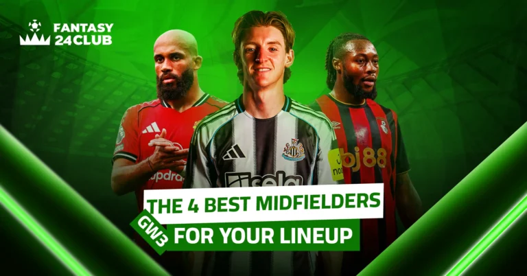 Gameweek 3 (GW3). Three players are shown: a player in a Manchester United shirt, a Newcastle United player, and a Bournemouth player. The text highlights the best midfielders for your lineup