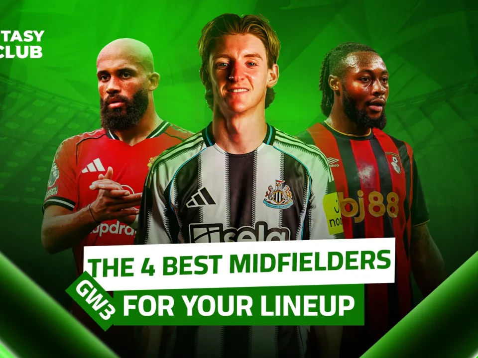 Gameweek 3 (GW3). Three players are shown: a player in a Manchester United shirt, a Newcastle United player, and a Bournemouth player. The text highlights the best midfielders for your lineup
