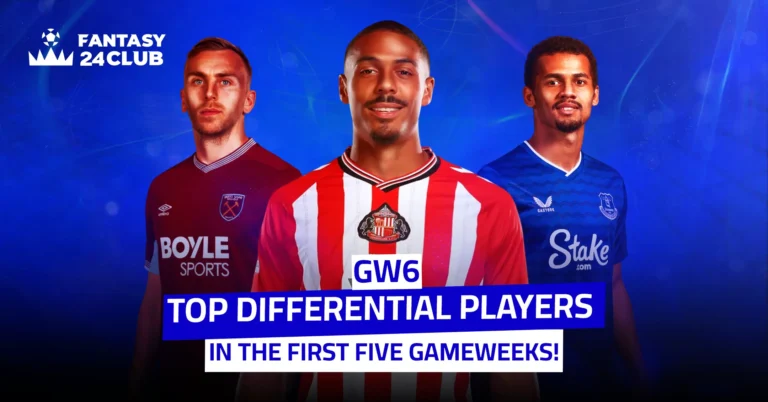 The image features a title "GW6 TOP DIFFERENTIAL PLAYERS IN THE FIRST FIVE GAMEWEEKS!" with three football players below it: one in a West Ham jersey, one in a Sunderland jersey, and one in an Everton jersey.