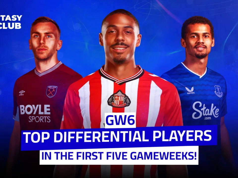 The image features a title "GW6 TOP DIFFERENTIAL PLAYERS IN THE FIRST FIVE GAMEWEEKS!" with three football players below it: one in a West Ham jersey, one in a Sunderland jersey, and one in an Everton jersey.