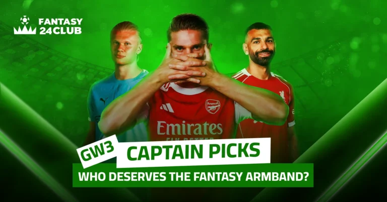 An image featuring Haaland, Mohamed Salah, and an Arsenal player on a green background, with the headline: 'GW3 Captain – Who will prove themselves as the Fantasy captain?