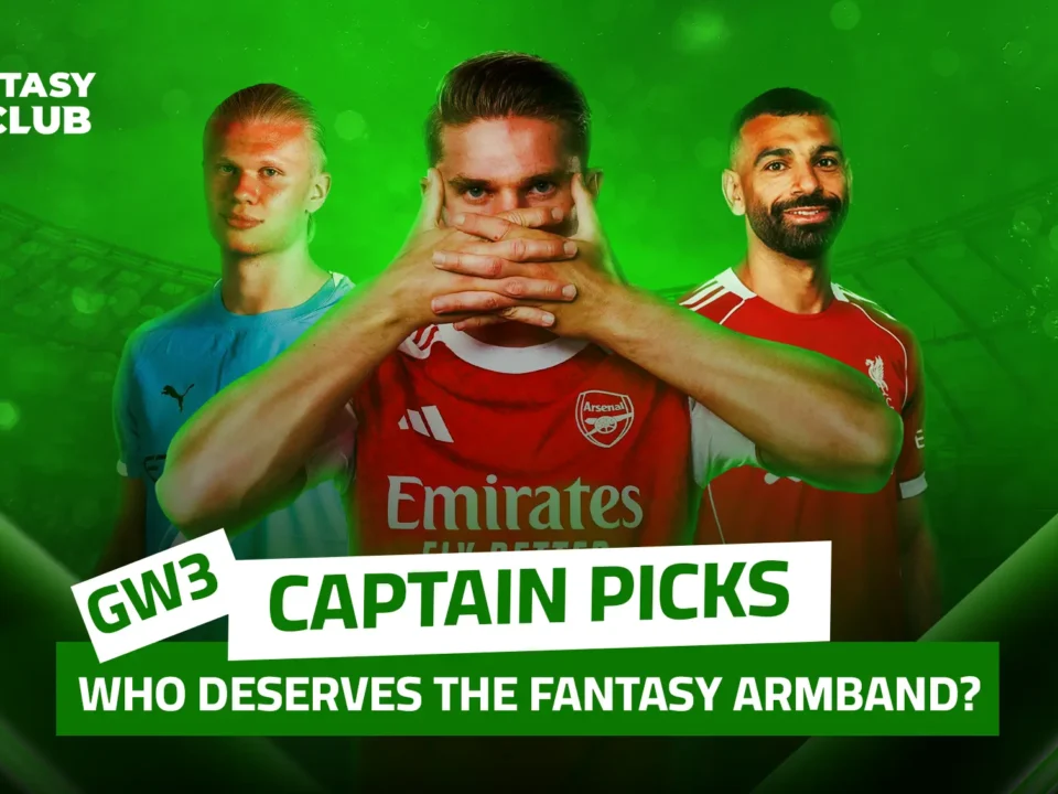 An image featuring Haaland, Mohamed Salah, and an Arsenal player on a green background, with the headline: 'GW3 Captain – Who will prove themselves as the Fantasy captain?