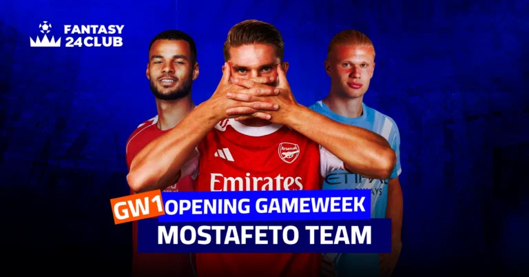 Three footballers, including Arsenal's Jorginho and Manchester City's Erling Haaland, stand against a blue backdrop. Text overlay reads "GW1 OPENING GAMEWEEK MOSTAFETO TEAM."