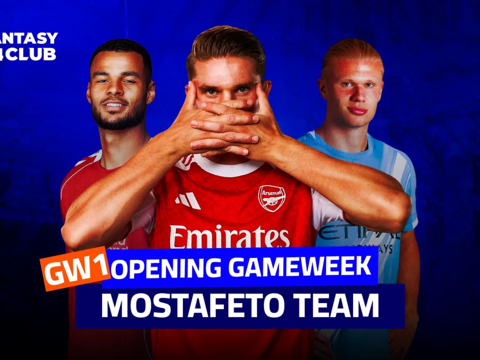 Three footballers, including Arsenal's Jorginho and Manchester City's Erling Haaland, stand against a blue backdrop. Text overlay reads "GW1 OPENING GAMEWEEK MOSTAFETO TEAM."