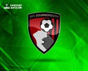 الشعار الرسمي لنادي بورنموث لكرة القدم (AFC Bournemouth)، يظهر قبضة بيضاء وكرة قدم على درع أحمر وأسود، على خلفية رقمية خضراء لامعة