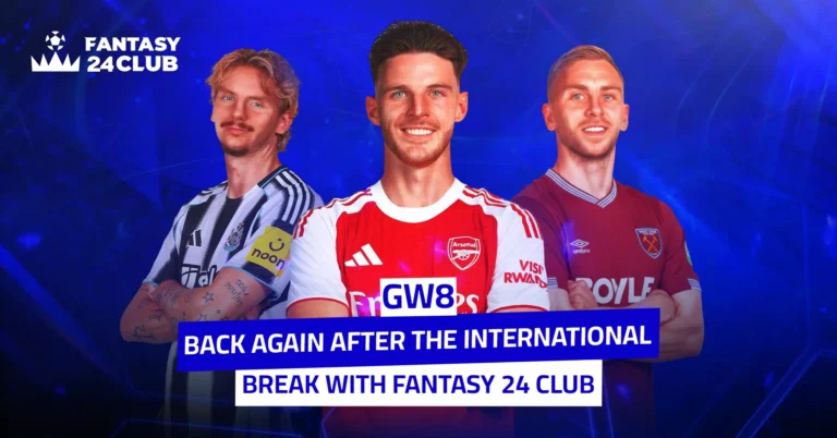 An image announcing the return after the international break, featuring three prominent players in their club jerseys: Declan Rice (Arsenal) in the center, with two other players on either side.