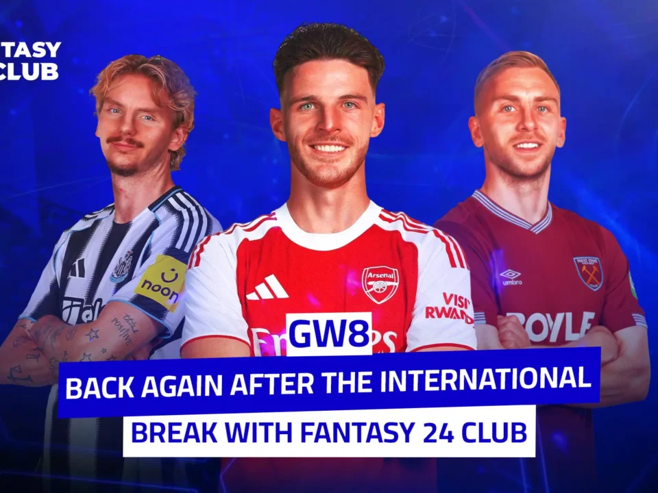 An image announcing the return after the international break, featuring three prominent players in their club jerseys: Declan Rice (Arsenal) in the center, with two other players on either side.
