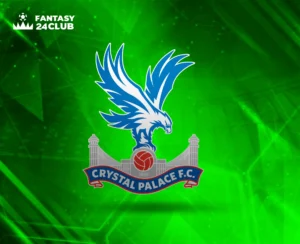 الشعار الرسمي لنادي كريستال بالاس لكرة القدم (Crystal Palace F.C.)، يظهر نسرًا أزرق وأبيض بأجنحة مرفوعة يقف على أعمدة، على خلفية رقمية خضراء لامعة، ومُرفق بشعار "فانتاسي 24 كلوب