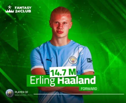 الصورة تعرض النجم إيرلينغ هالاند (Erling Haaland) مهاجم مانشستر سيتي، بسعر 14.7 مليون، وهو الخيار الأبرز كأفضل كابتن تقليدي ومهاجم للجولة التاسعة.