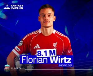 هذه البطاقة تُعرّف اللاعب بأنه فلوريان فيرتز (Florian Wirtz)، لاعب خط وسط، وقيمته في الفانتازي هي 8.1 مليون.