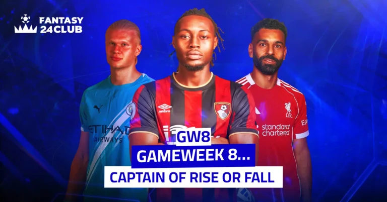 Gameweek 8 Fantasy Football captaincy debate featuring Haaland, Solanke, and Salah. Title: Captain of Rise or Fall.